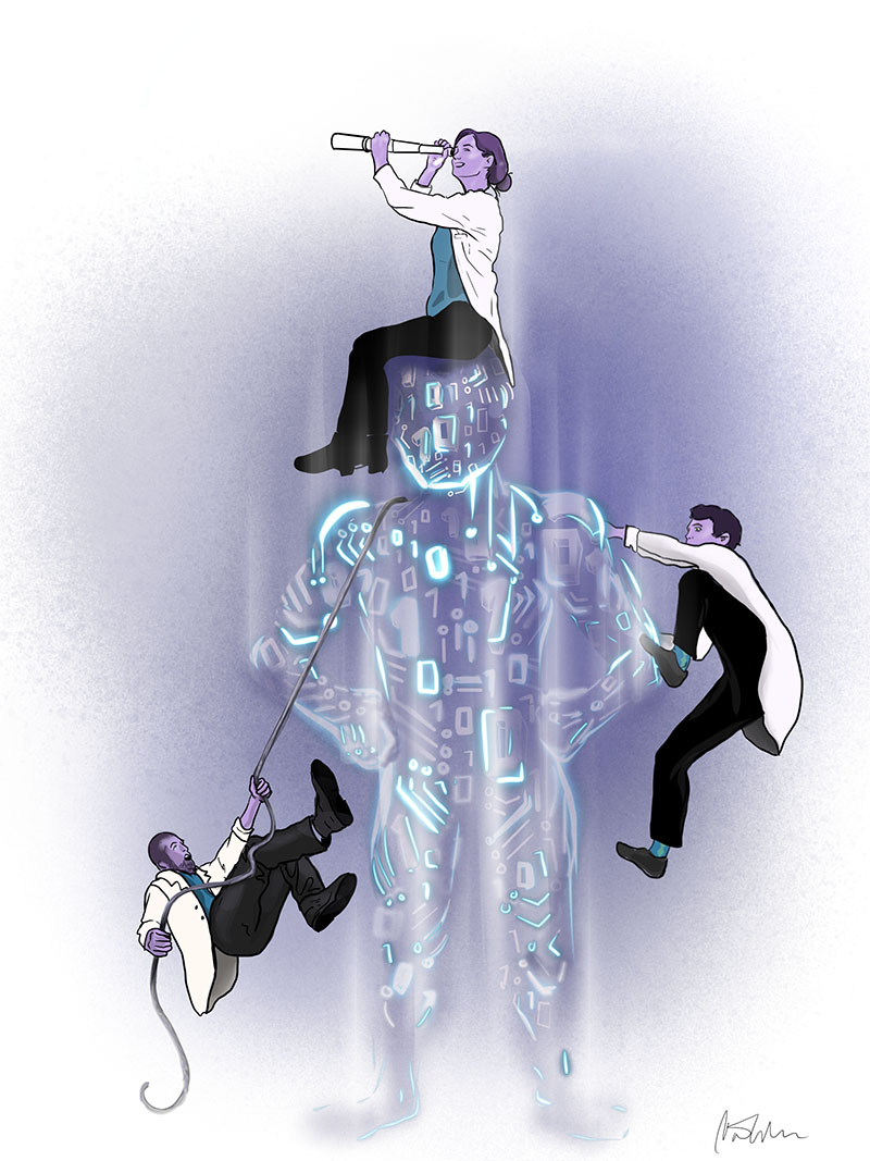 Illustration of scientists climbing a humanoid data giant made up of glowing 1s and 0s. Illustration by Caitlin Werle